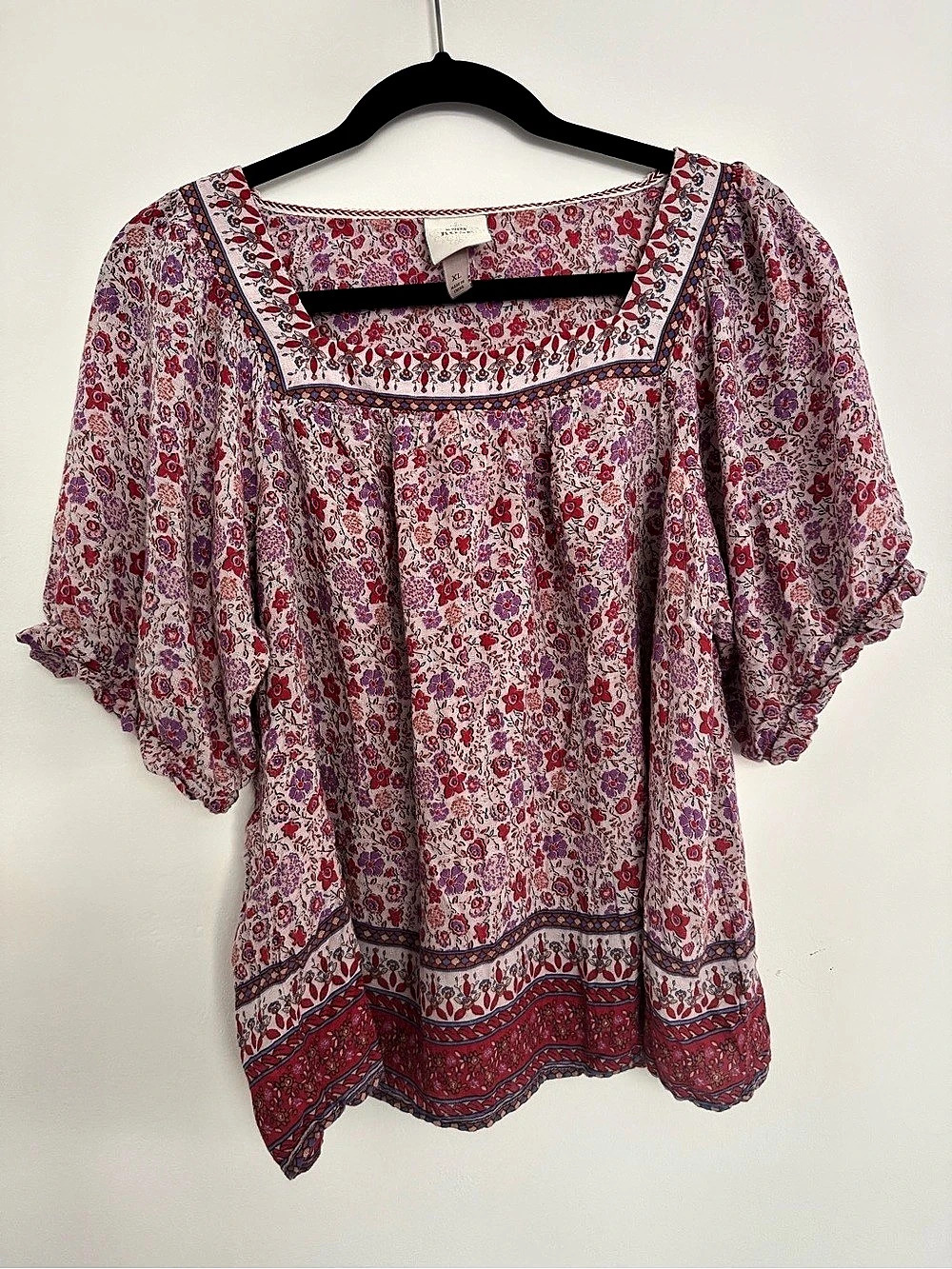 Knox Rose Boho Floral Square-Neck Blouse Pink & Red XL